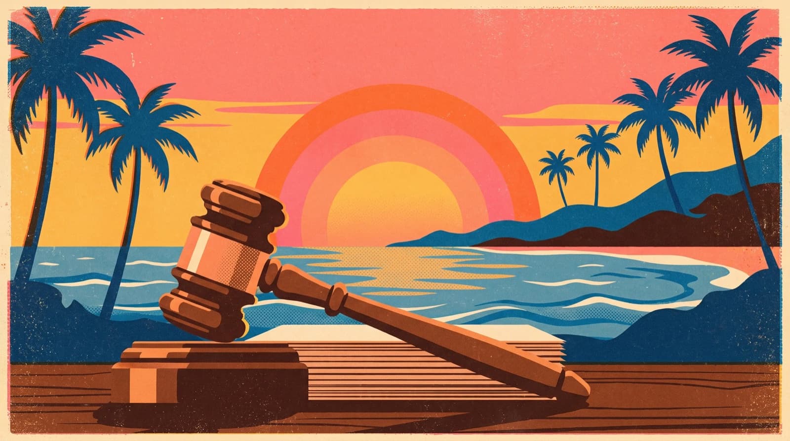 Retro travel-poster style illustration of a gavel on a stack of papers in front of a Pacific sunset with palm silhouettes.