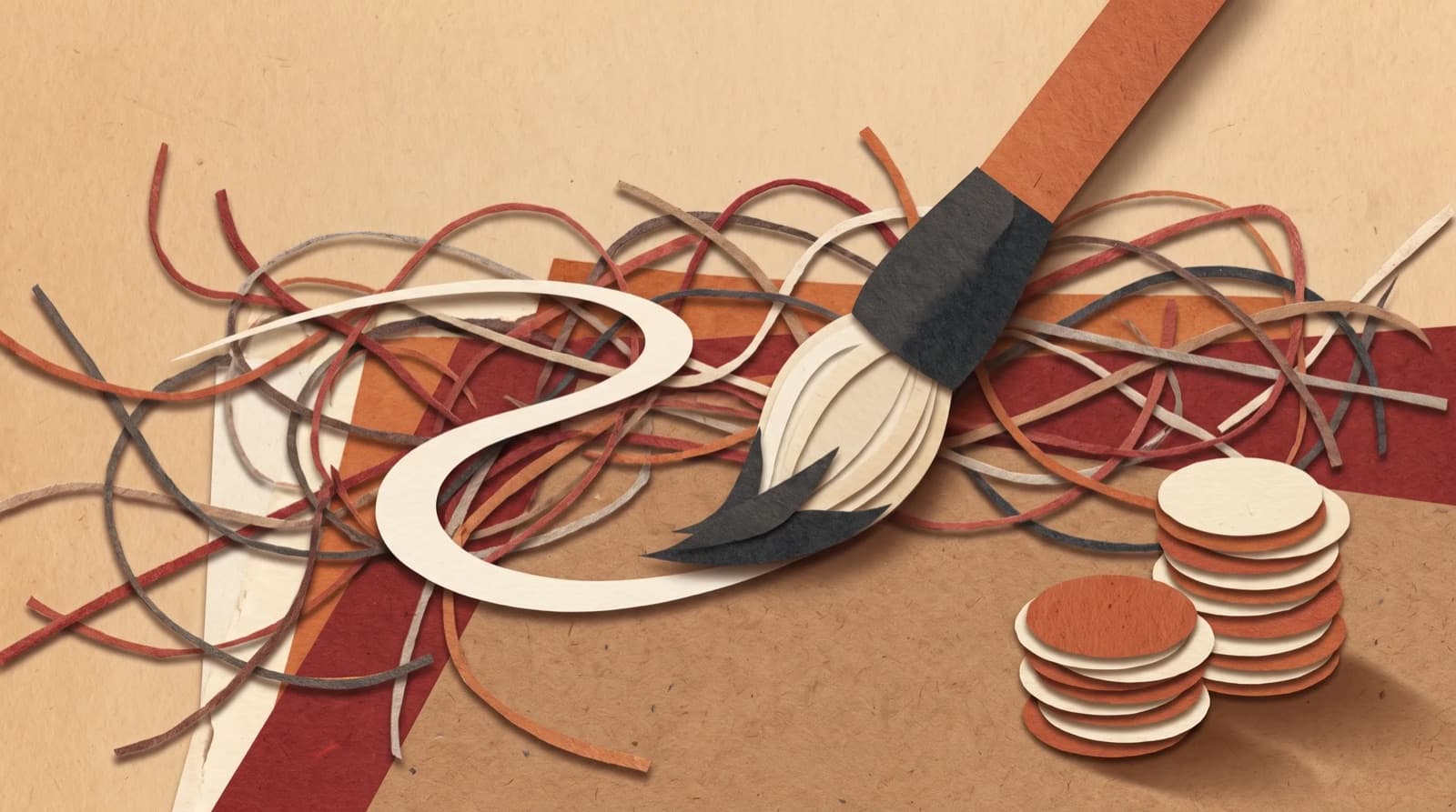 A paper-cut collage of a calligraphy brush drawing one clean stroke out of a tangle of thread, in terracotta, cream and charcoal paper.