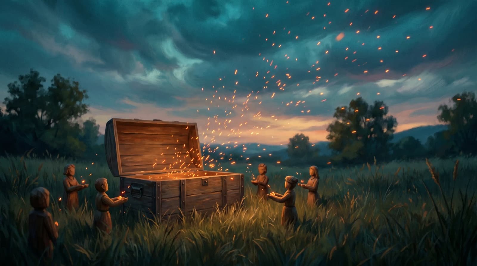Painterly dusk meadow where an open wooden chest releases glowing orange sparks into a teal sky.