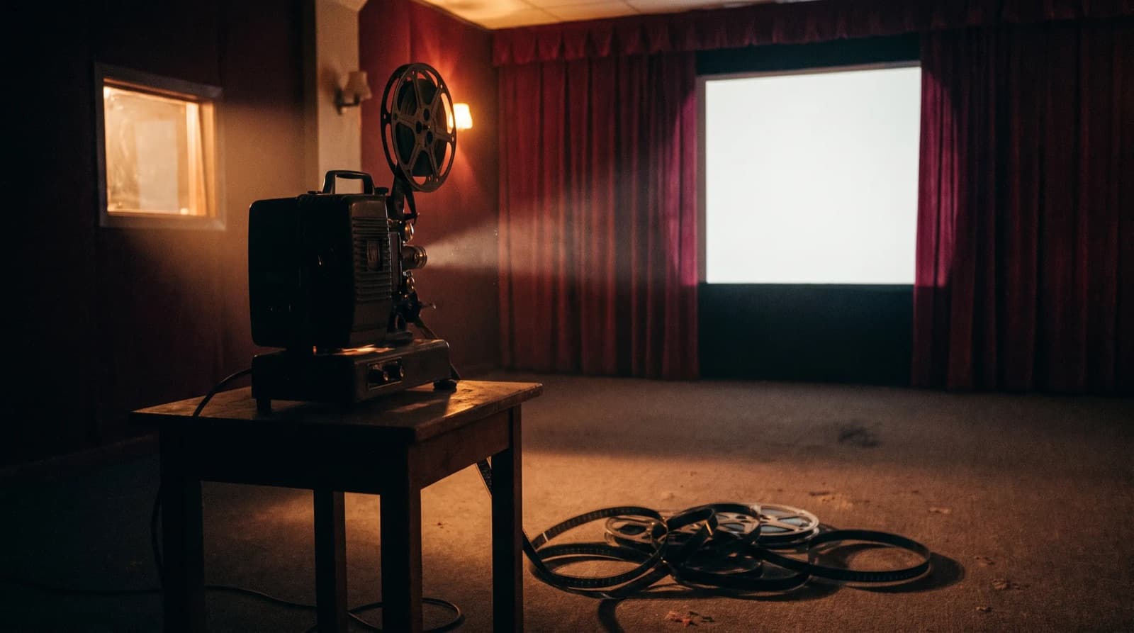 A vintage film projector going dark in an empty cinema, a faint dusty beam toward a blank screen between crimson curtains.