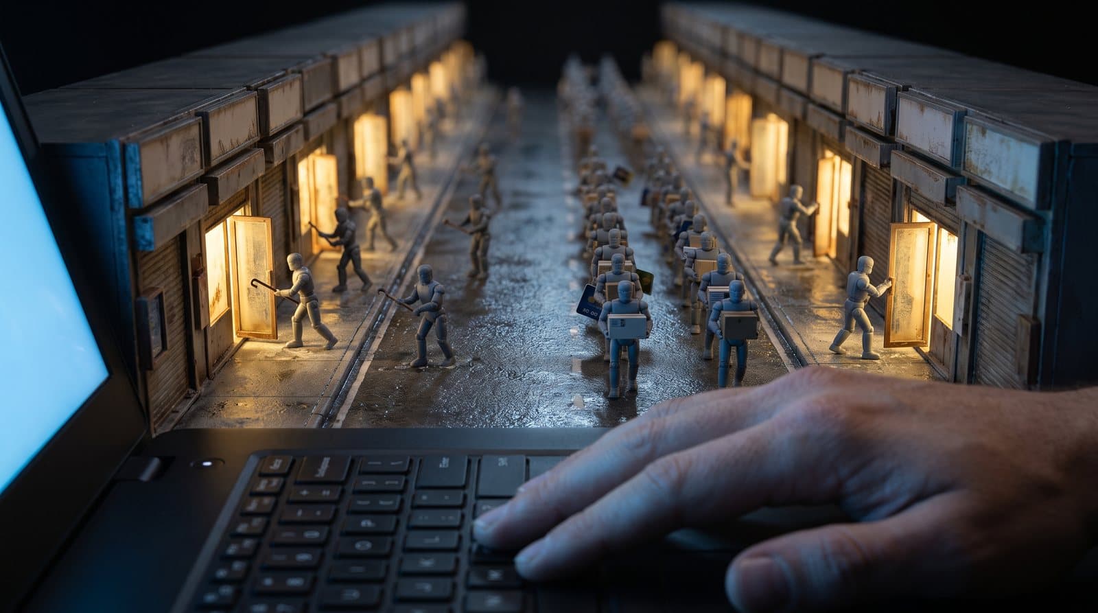 A miniature night street of shops with every door forced open while an army of tiny robots carries goods out, controlled by one human hand on a laptop keyboard.