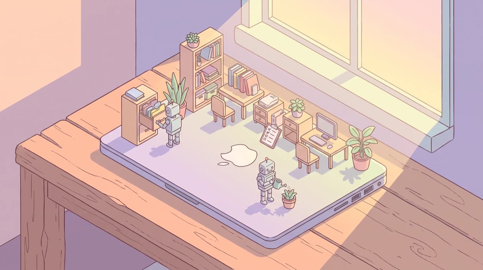 Ilustración isométrica de pequeños robots trabajando en una oficina en miniatura sobre una laptop cerrada al amanecer, en tonos durazno y lavanda.