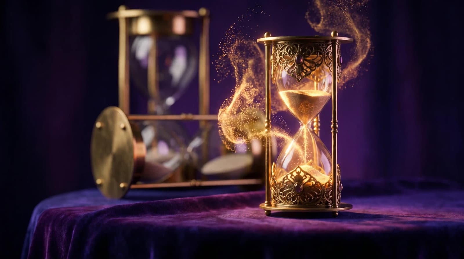 A brass hourglass on purple velvet whose sand turns into rising gold sparks, with a larger empty hourglass behind it.