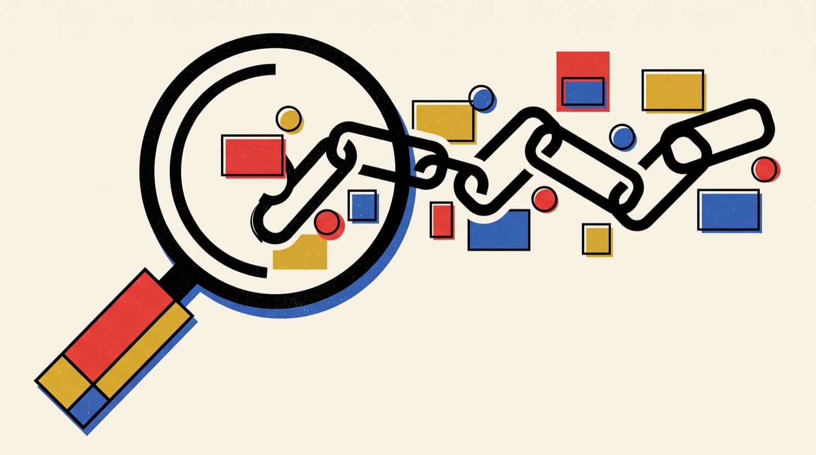Bauhaus-style poster of a geometric magnifying glass revealing a chain of links between abstract web pages, in red, yellow and blue.