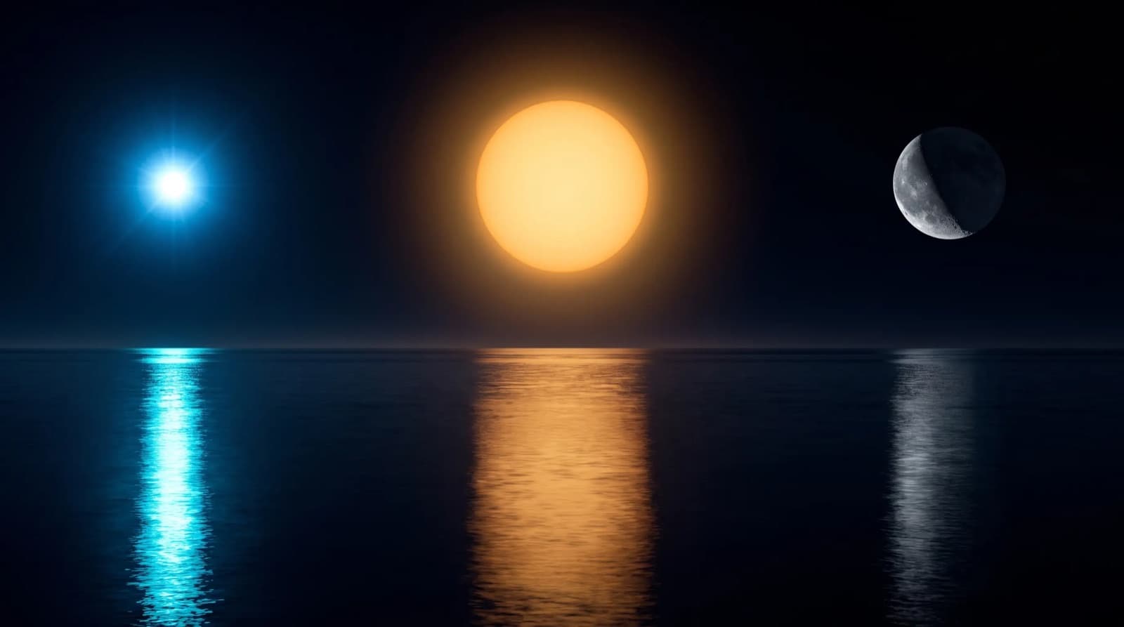 A blue-white star, an amber sun and a silver crescent moon side by side over a dark ocean, each casting its own colored reflection.