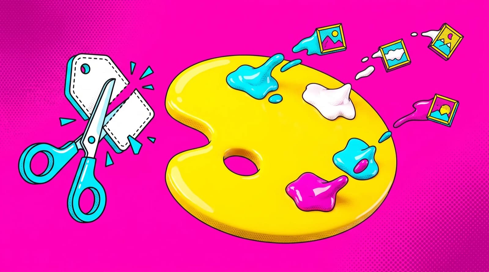 Pop-art scene of a yellow artist's palette on magenta, paint blobs turning into little framed pictures, and scissors cutting a price tag in half.