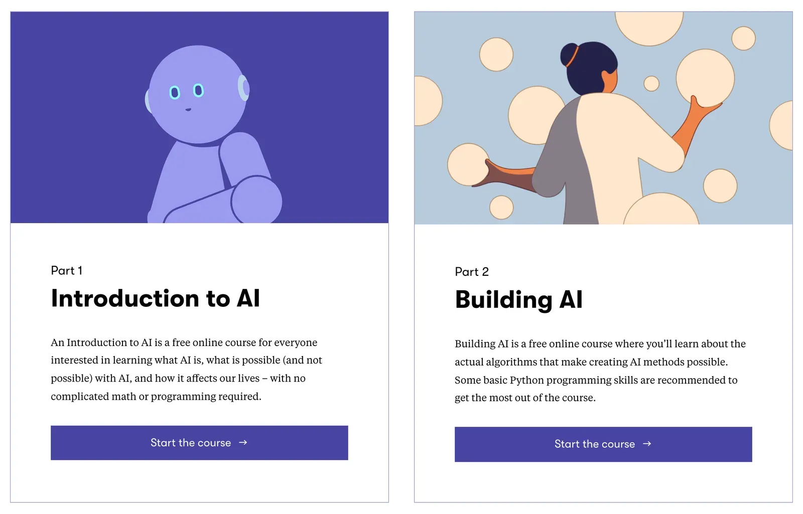 Cartes des cours Introduction to AI et Building AI d'Elements of AI, deux formations IA gratuites, la première sans maths ni programmation