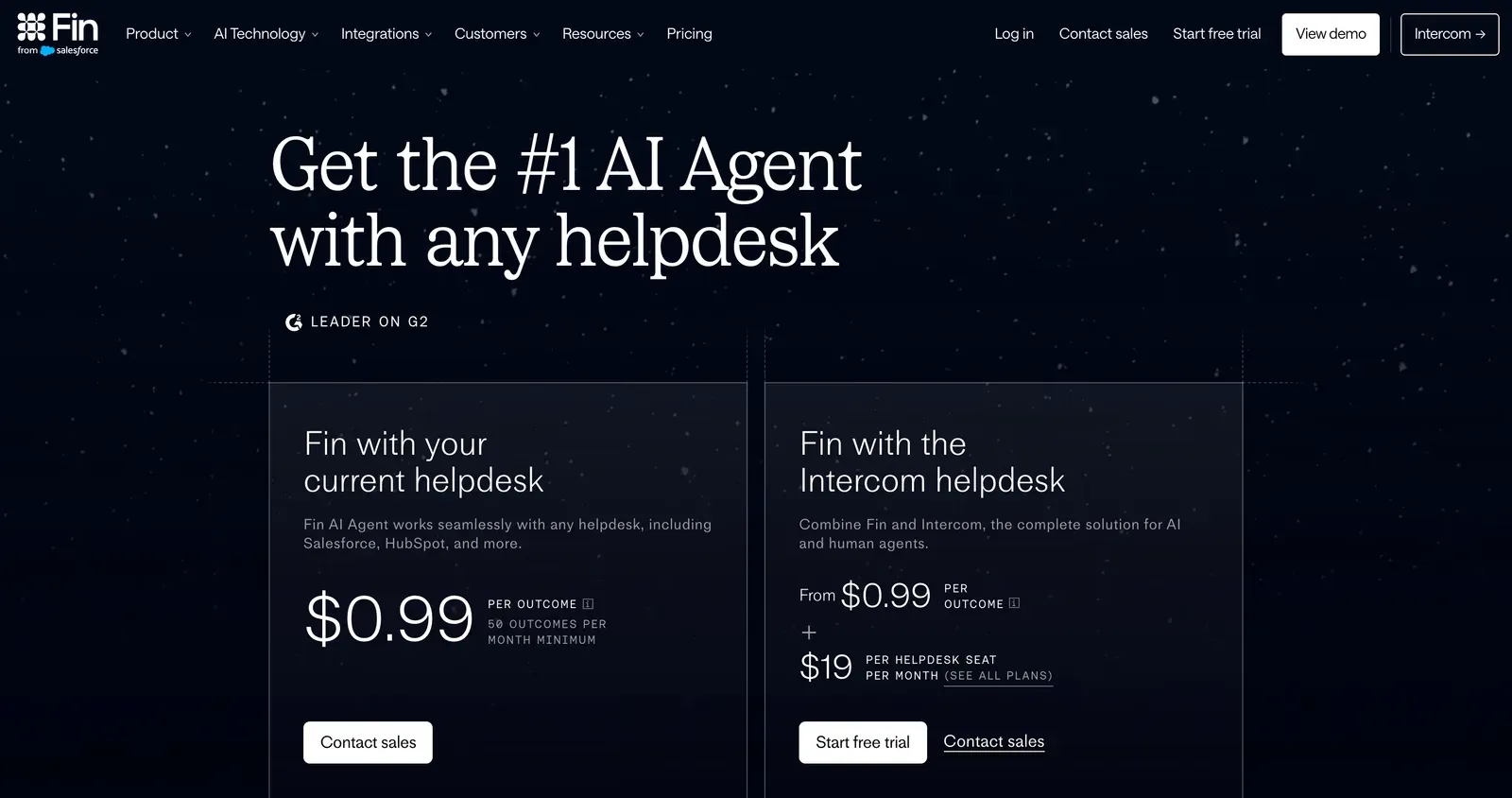 Page de tarifs de Fin montrant l'agent IA à $0.99 par résultat avec un minimum de 50 résultats par mois, ou avec le helpdesk Intercom à partir de $19 par siège
