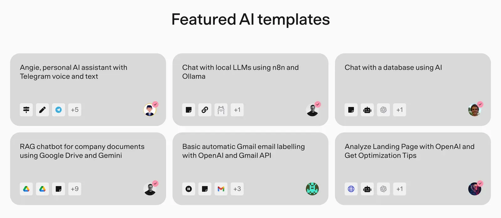 Les modèles IA mis en avant par n8n, dont un chatbot RAG pour les documents d'entreprise et l'étiquetage automatique des e-mails Gmail, comme exemples d'agents IA à copier