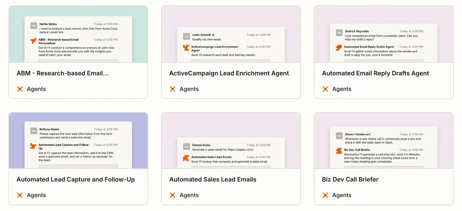 Modèles d'agents IA Zapier en exemple : personnalisation d'e-mails par la recherche, enrichissement de prospects ActiveCampaign, brouillons de réponses, capture et relance de prospects, e-mails commerciaux et préparation d'appels