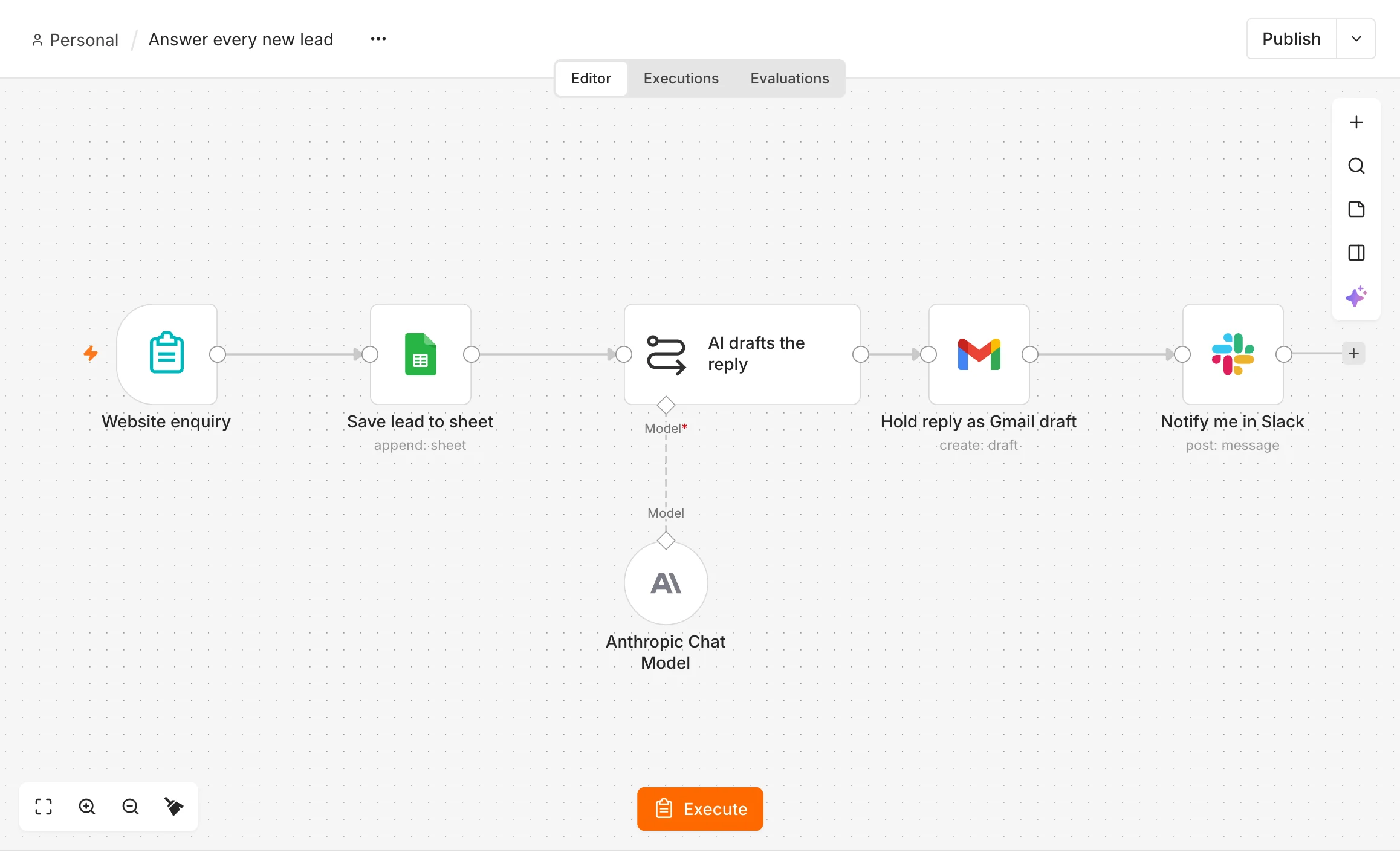 Automatisation IA pour PME dans n8n : chaque demande reçue sur le site est enregistrée, l'IA rédige une réponse à partir de vos prix, la réponse attend en brouillon Gmail et Slack vous prévient
