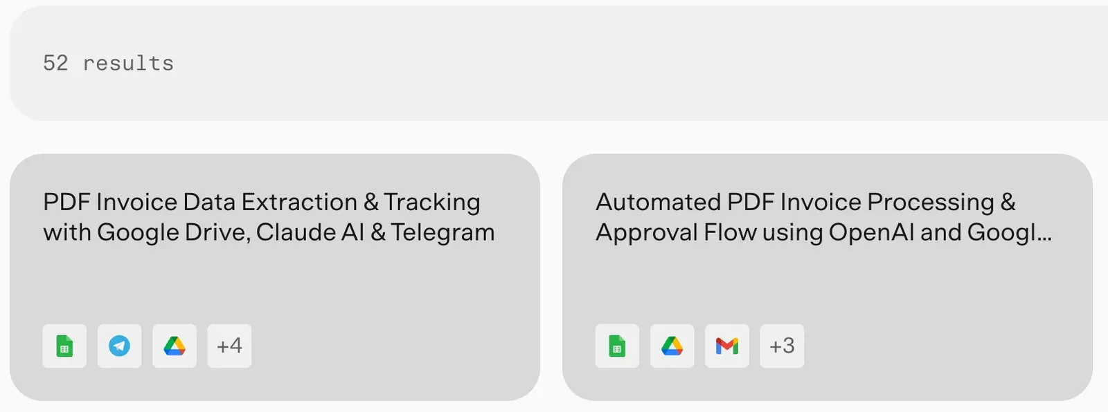 Résultats de la bibliothèque de modèles n8n pour invoice pdf, des automatisations IA pour PME prêtes à l'emploi qui traitent les factures avec Google Drive, Gmail et Sheets