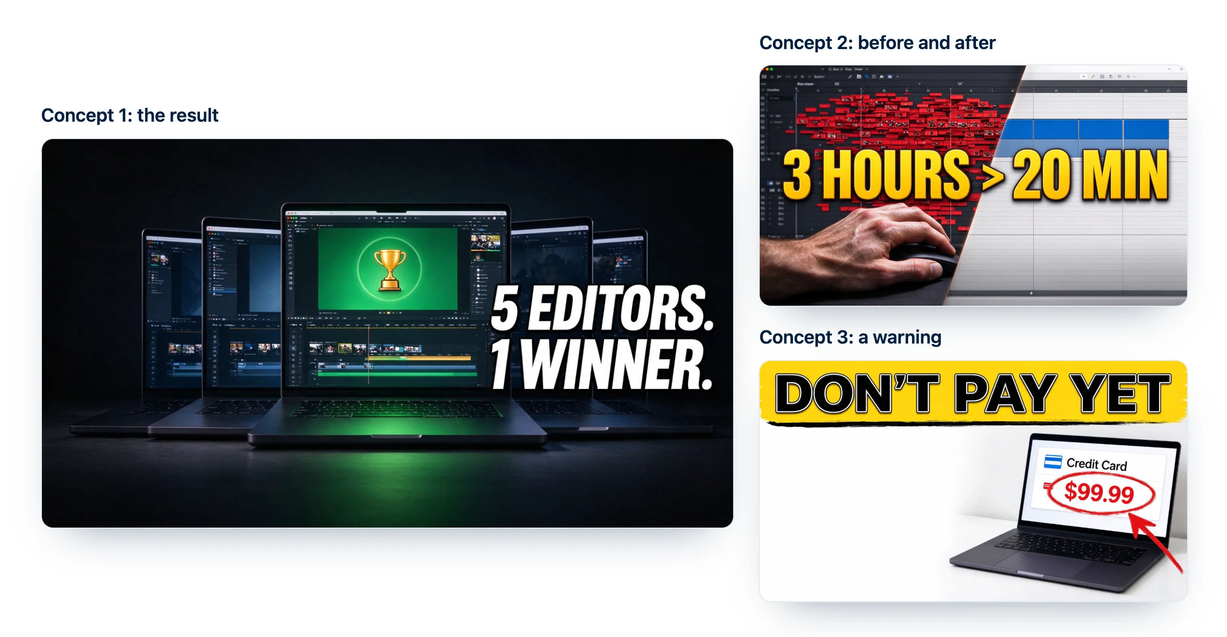AI tools for content creators tested: three AI thumbnail concepts for one video, a result shot, a before and after and a warning, each from a single prompt