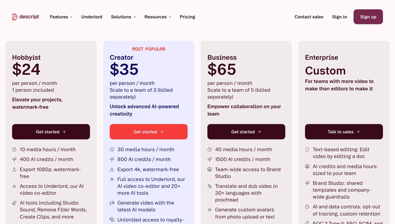 Tarifs de Descript avec les prix mensuels de Hobbyist, Creator et Business, l'un des outils IA pour créateurs de contenu