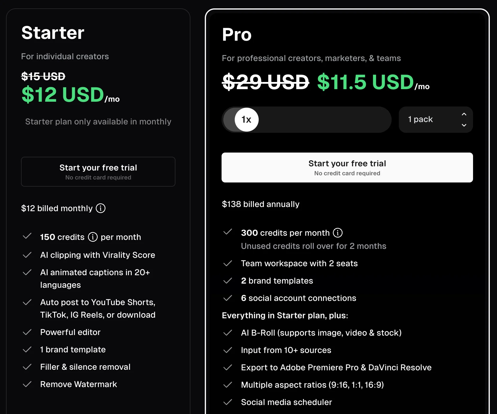 Forfaits Starter et Pro d'Opus Clip pour recycler son contenu avec l'IA, avec crédits, score de viralité, publication automatique et planificateur pour les réseaux sociaux