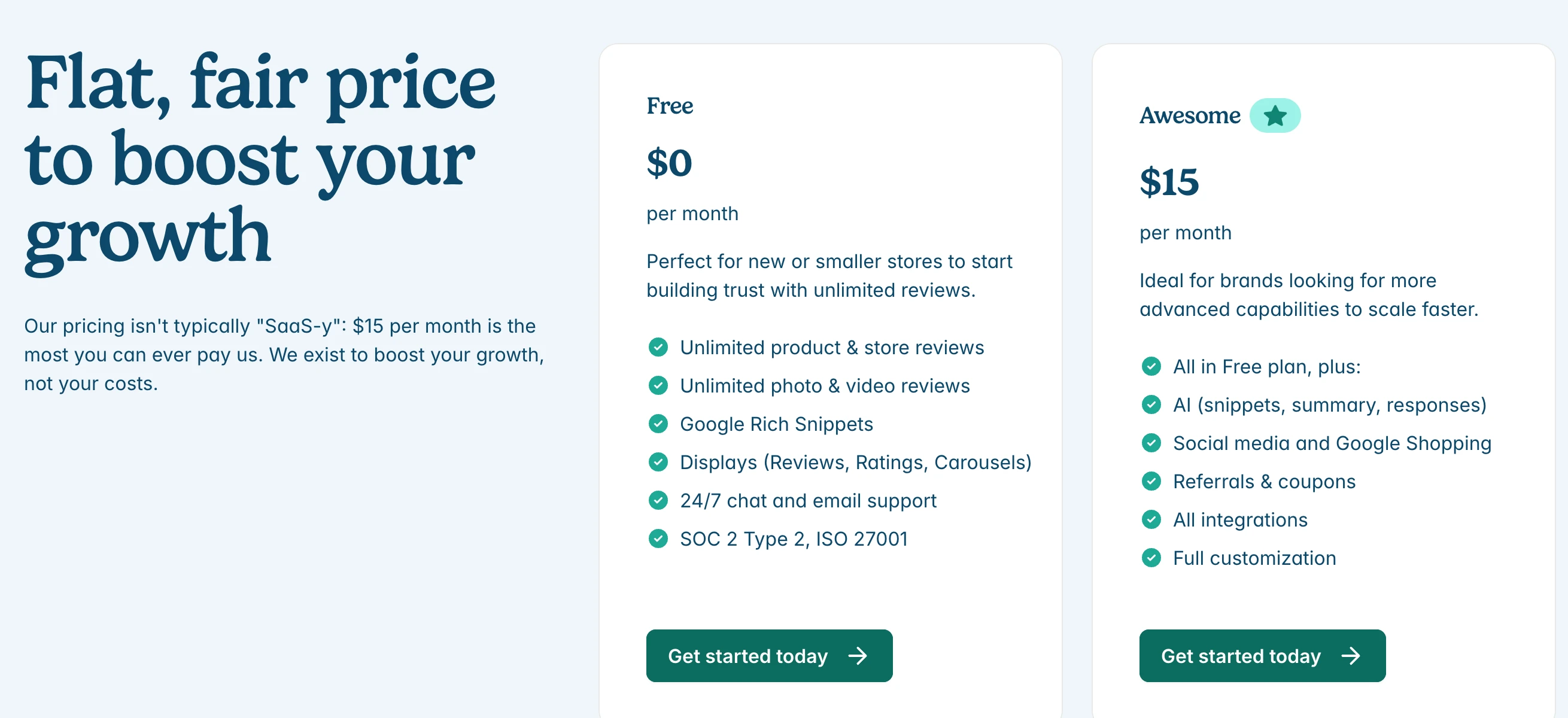 Preços do Judge.me em 27 de outubro de 2026: Free a US$ 0 por mês com avaliações ilimitadas de produtos e da loja, e Awesome a US$ 15 por mês, que acrescenta trechos, resumo e respostas com IA, redes sociais e Google Shopping, indicações e cupons