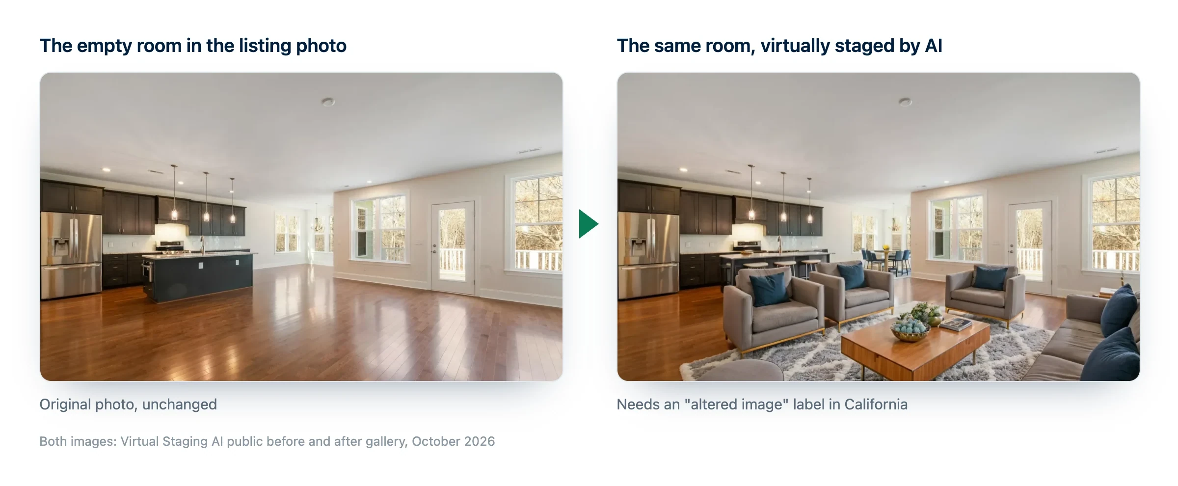 IA pour agents immobiliers : la photo d'annonce d'un salon vide à côté de la même pièce meublée en home staging virtuel par IA, tirée de la galerie publique de Virtual Staging AI