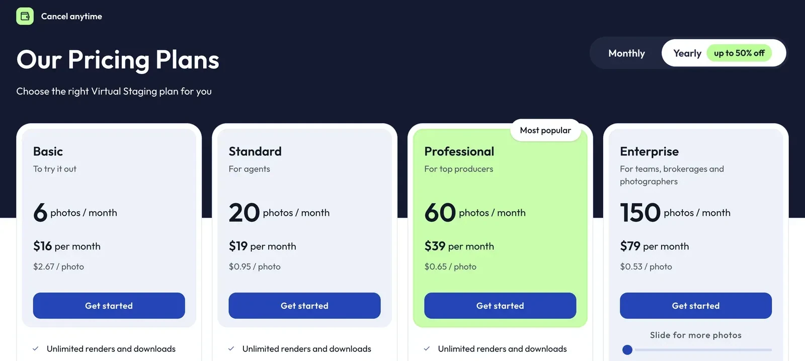 Cartes tarifaires de Virtual Staging AI pour agents immobiliers, de 6 photos par mois à 16 $ jusqu'à 150 photos à 79 $, avec le coût par photo sous chaque prix