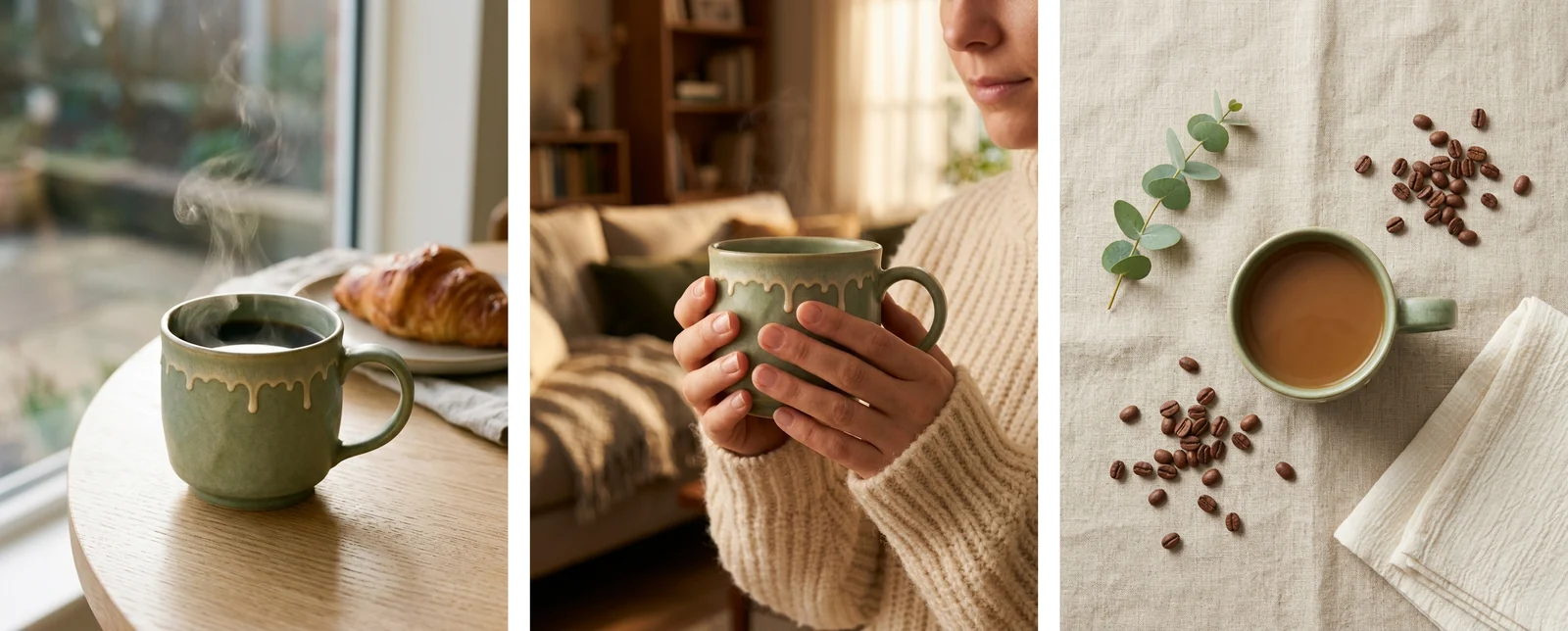 Tres fotos de producto con IA de la misma taza de cerámica verde: sobre la mesa de un café, sostenida con las dos manos y en flat lay