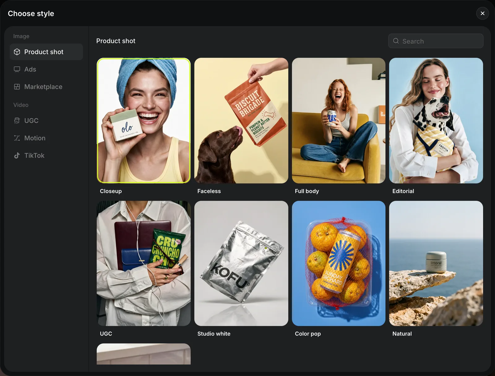 Estilos de Product shot en el Marketing Studio de Higgsfield para fotos de producto con IA y modelos: Closeup, Faceless, Full body, Editorial, UGC, Studio white, Color pop y Natural