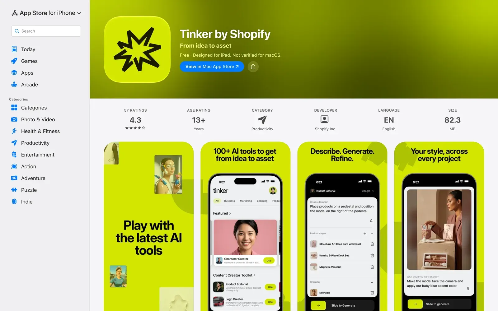 Tinker de Shopify en la App Store, una app gratuita para fotos de producto con IA con más de 100 herramientas de IA