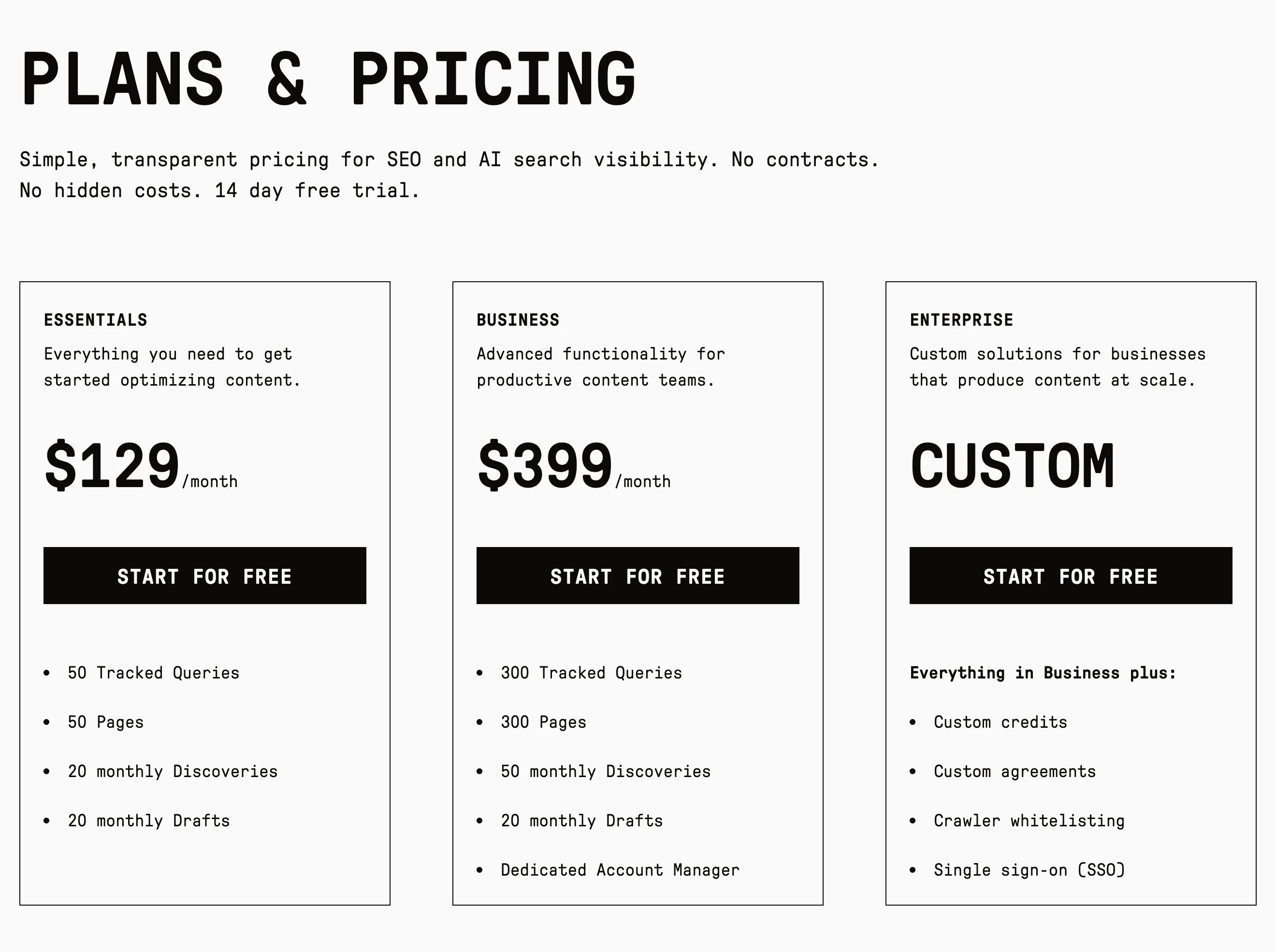 Clearscope pricing on October 27, 2026: Essentials at $129 a month with 50 tracked queries, 50 pages, 20 monthly Discoveries and 20 monthly Drafts; Business at $399 a month with 300 tracked queries and pages; Enterprise custom; a 14 day free trial and no contracts