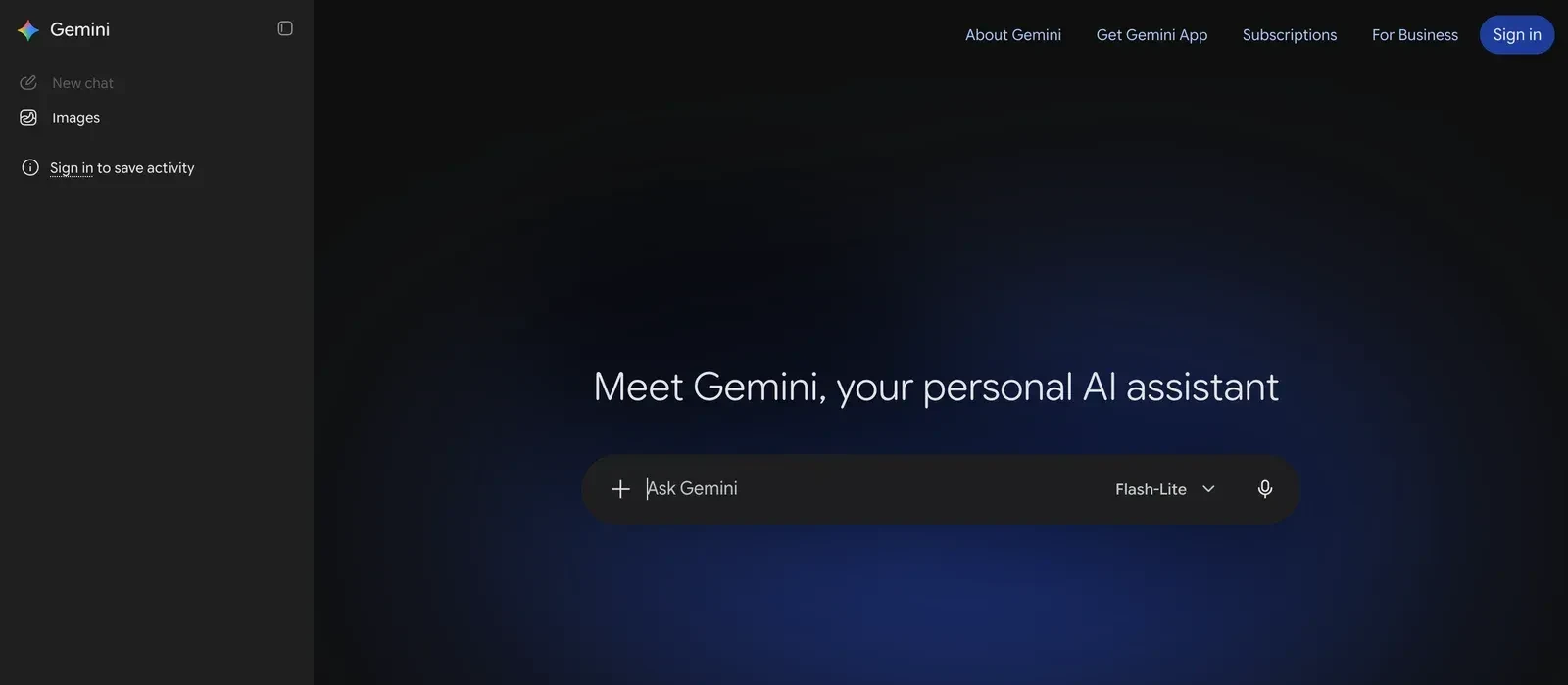L'appli web Gemini, l'un des outils IA gratuits pour les dirigeants de PME, prête à répondre sans connexion, avec le modèle Flash-Lite sélectionné