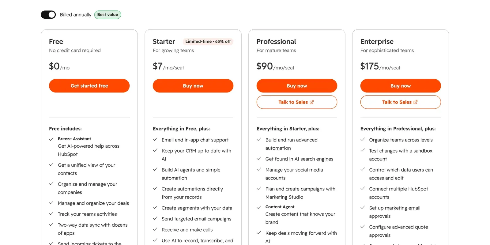 Tarifs du CRM HubSpot avec l'offre gratuite pour PME qui inclut Breeze Assistant, son outil IA, à $0 par mois