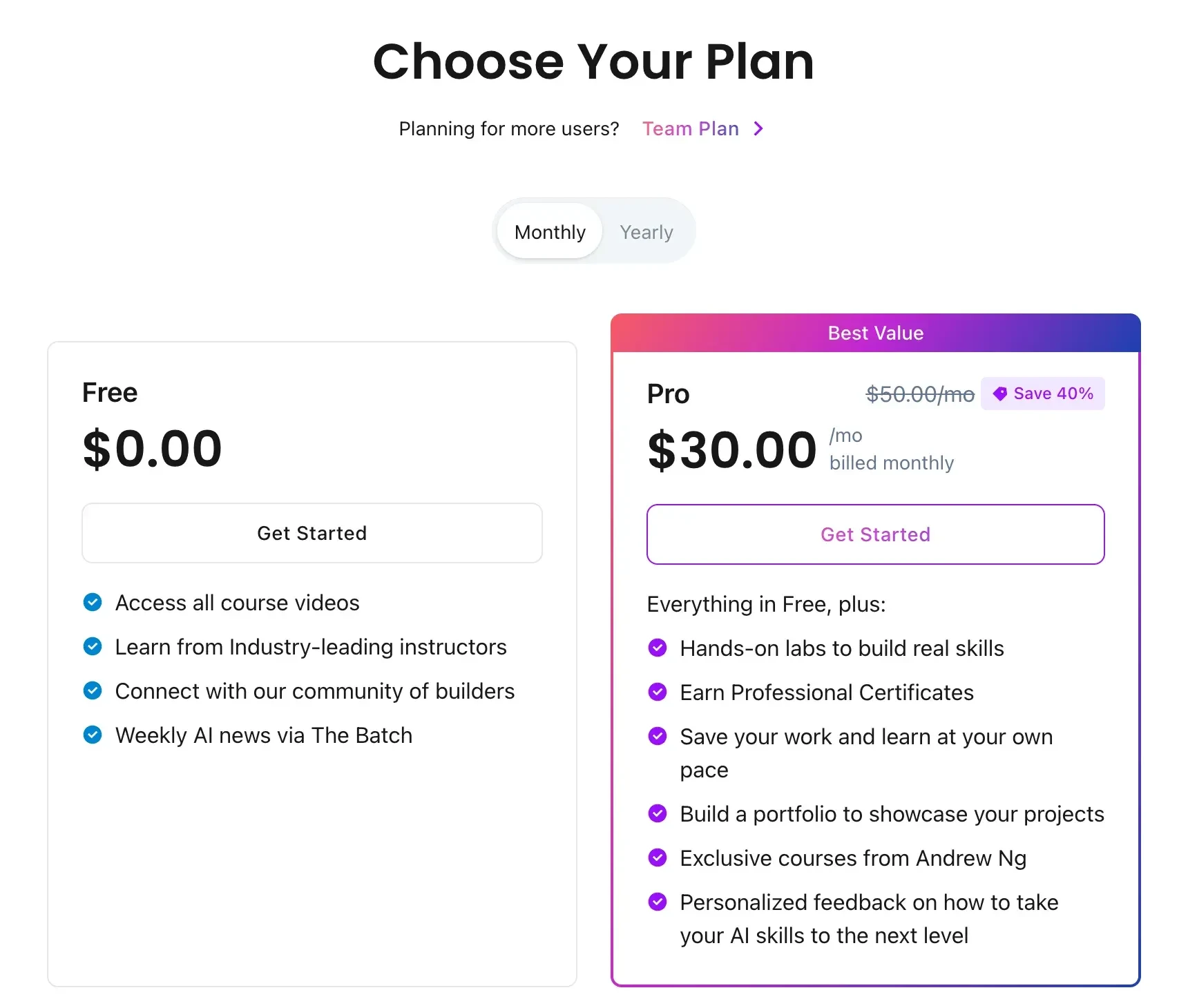 Are AI courses worth it: DeepLearning.AI's Free plan with every course video next to Pro at $30 a month for labs, certificates and feedback
