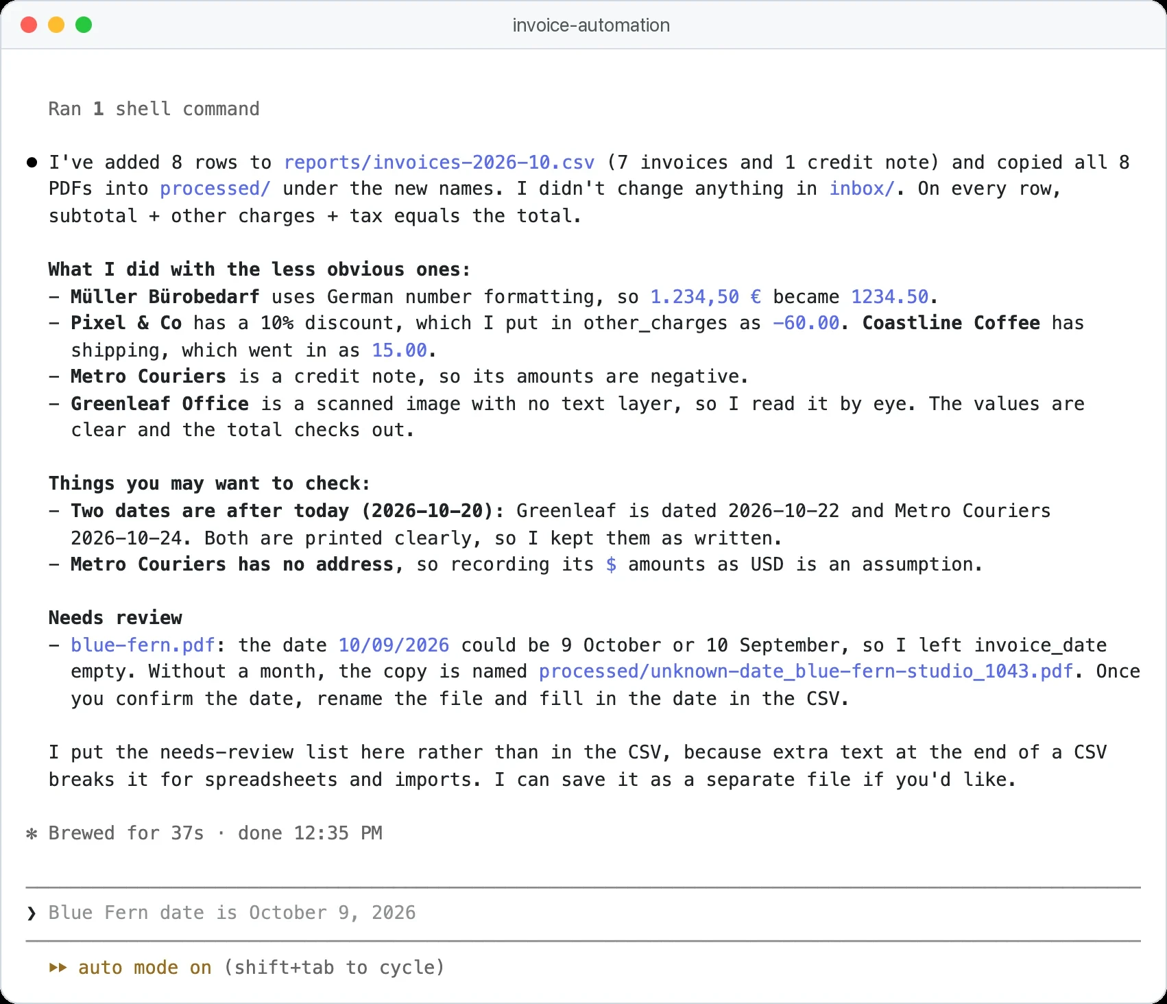 Automatizar faturas com IA: o Claude Code depois de extrair 8 faturas para CSV, explicando um formato numérico alemão, um desconto, uma nota de crédito, uma digitalização e uma data que ele se recusou a chutar