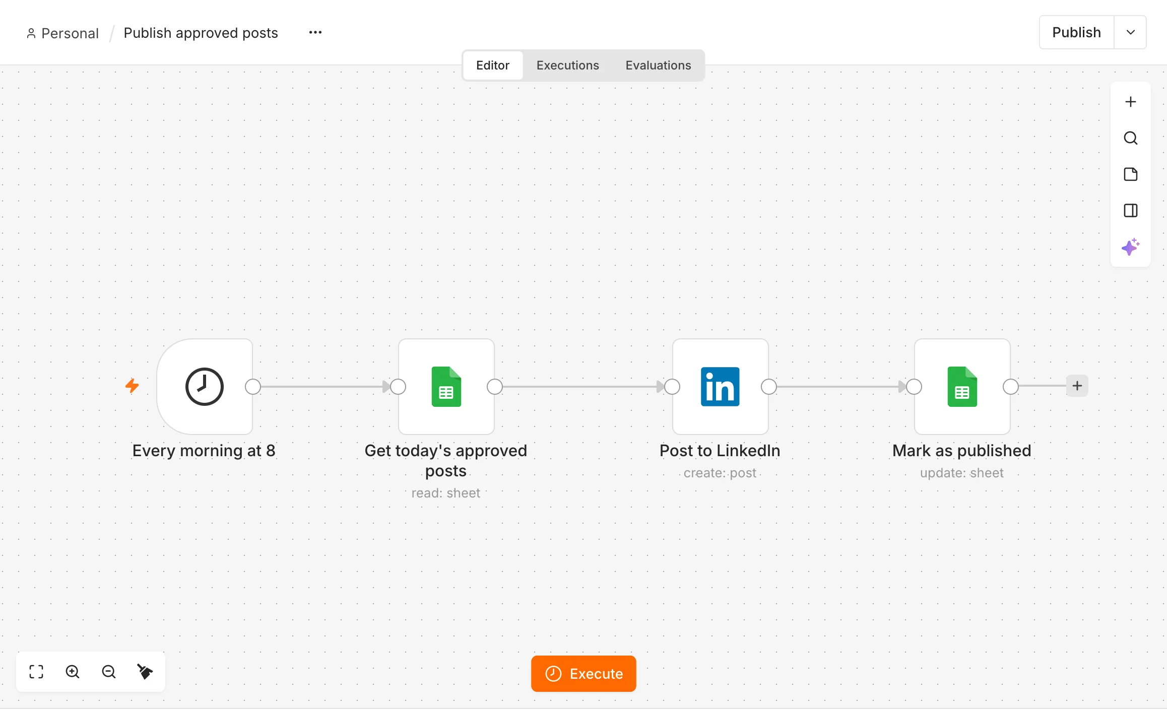 Automatizar posts com IA no n8n: toda manhã ele pega os posts aprovados no Google Sheets, publica no LinkedIn e marca cada um como publicado