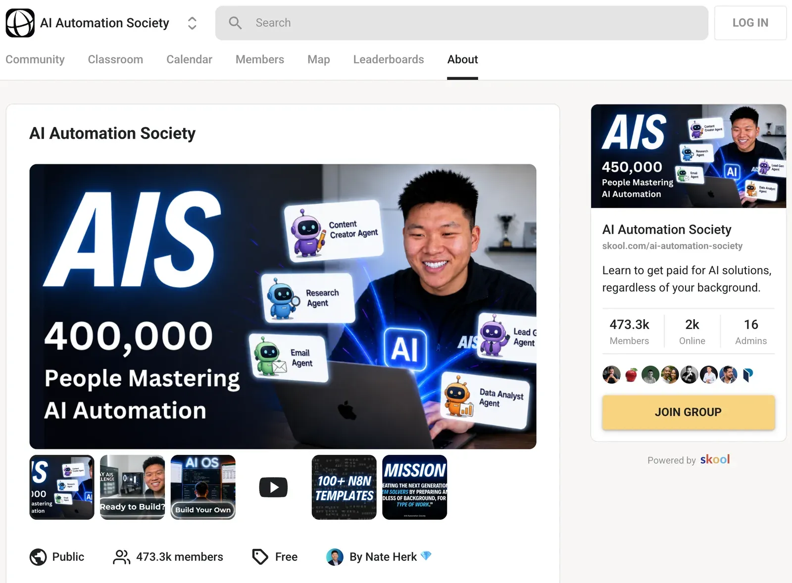 Page de présentation d'AI Automation Society sur Skool, une communauté publique gratuite de 473,3k membres, pour cet avis sur AI Automation Society