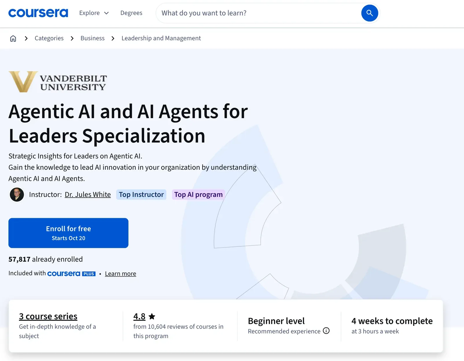 Page Coursera d'Agentic AI and AI Agents for Leaders de Vanderbilt, une formation agents IA sans code incluse dans Coursera Plus