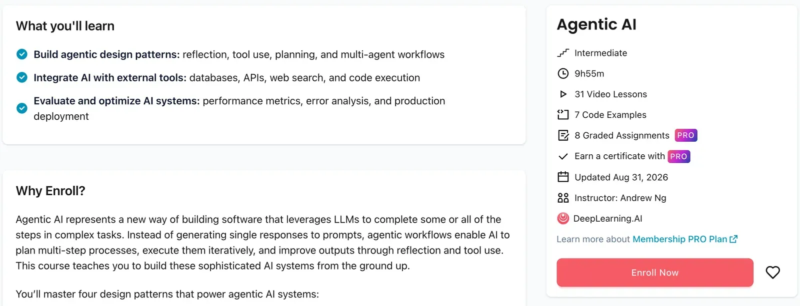 Page de la formation Agentic AI de DeepLearning.AI listant 31 leçons vidéo, 7 exemples de code et 8 exercices notés marqués PRO