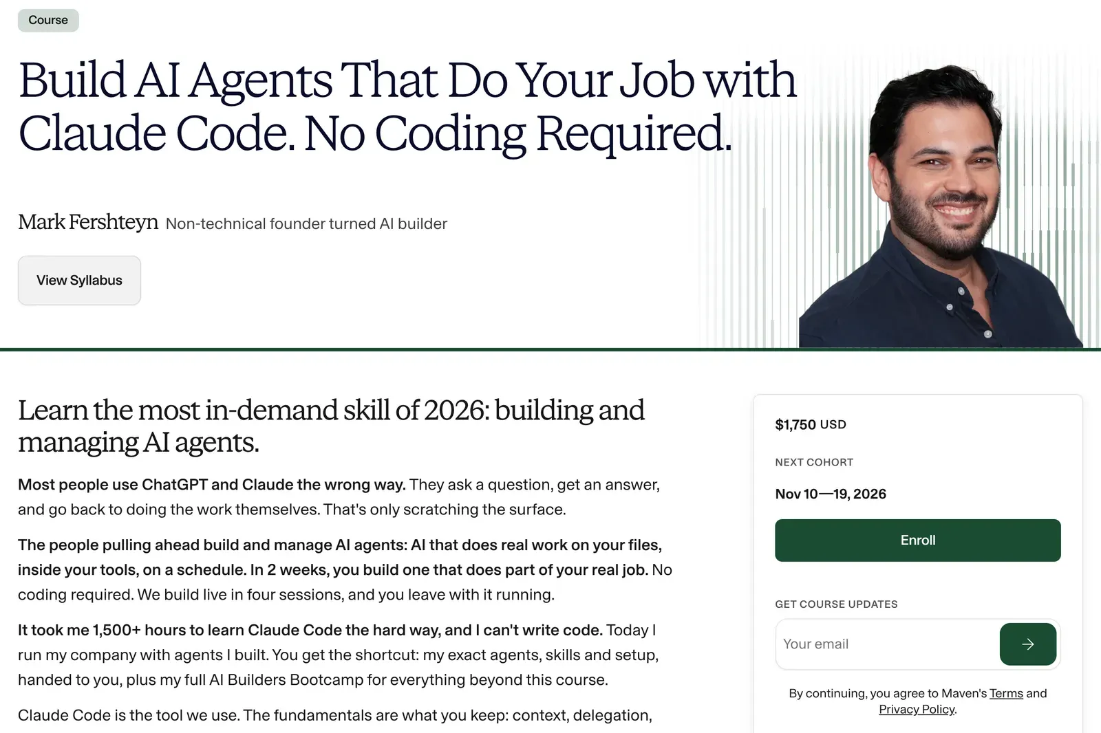 Page Maven de Build AI Agents That Do Your Job with Claude Code, au prix de 1 750 $ USD pour la cohorte du 10 au 19 novembre 2026