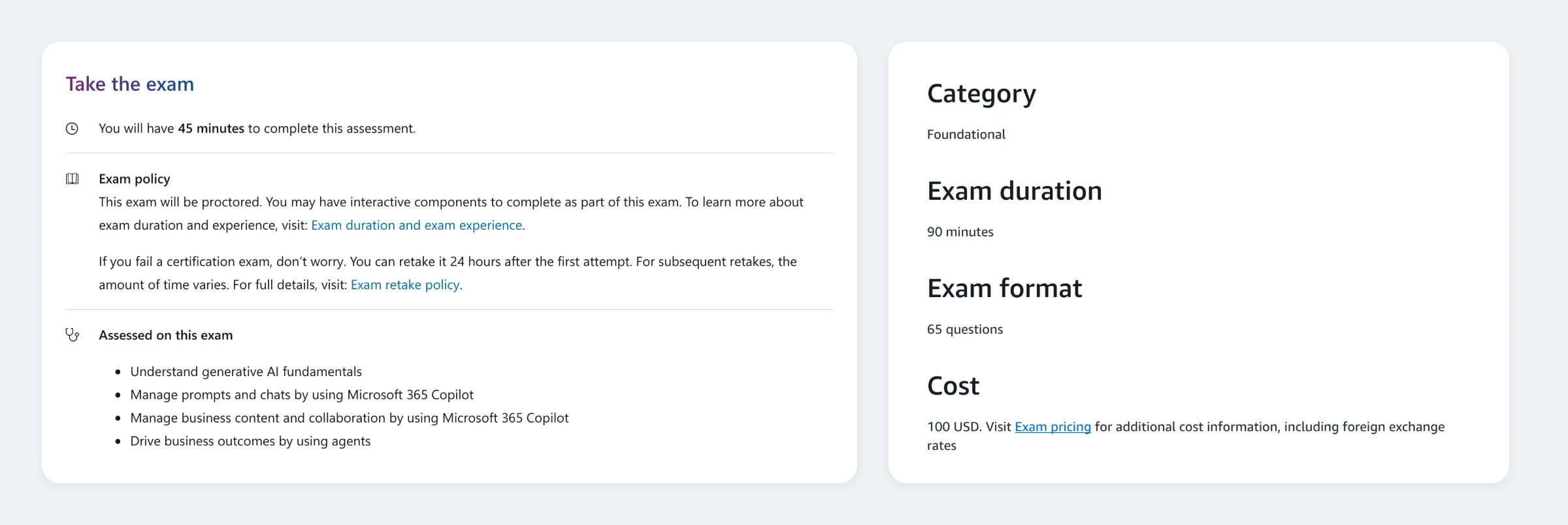 Two AI certification exams side by side: Microsoft's AB-730 is a 45-minute proctored exam, and AWS Certified AI Practitioner is 90 minutes and 65 questions for 100 USD