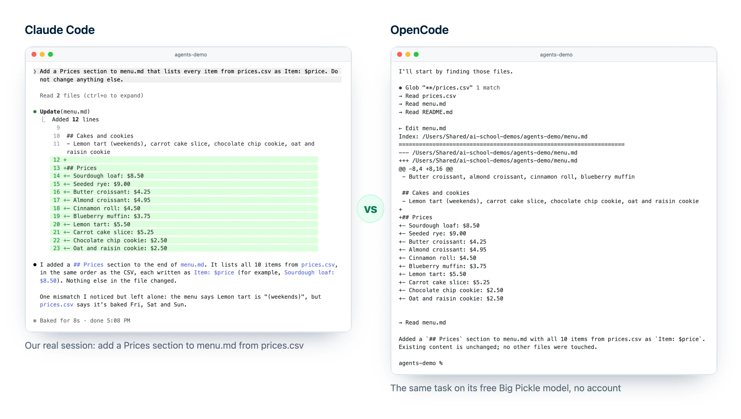 AI coding agents doing the same task: Claude Code and OpenCode each add a prices section to a bakery menu file in the terminal