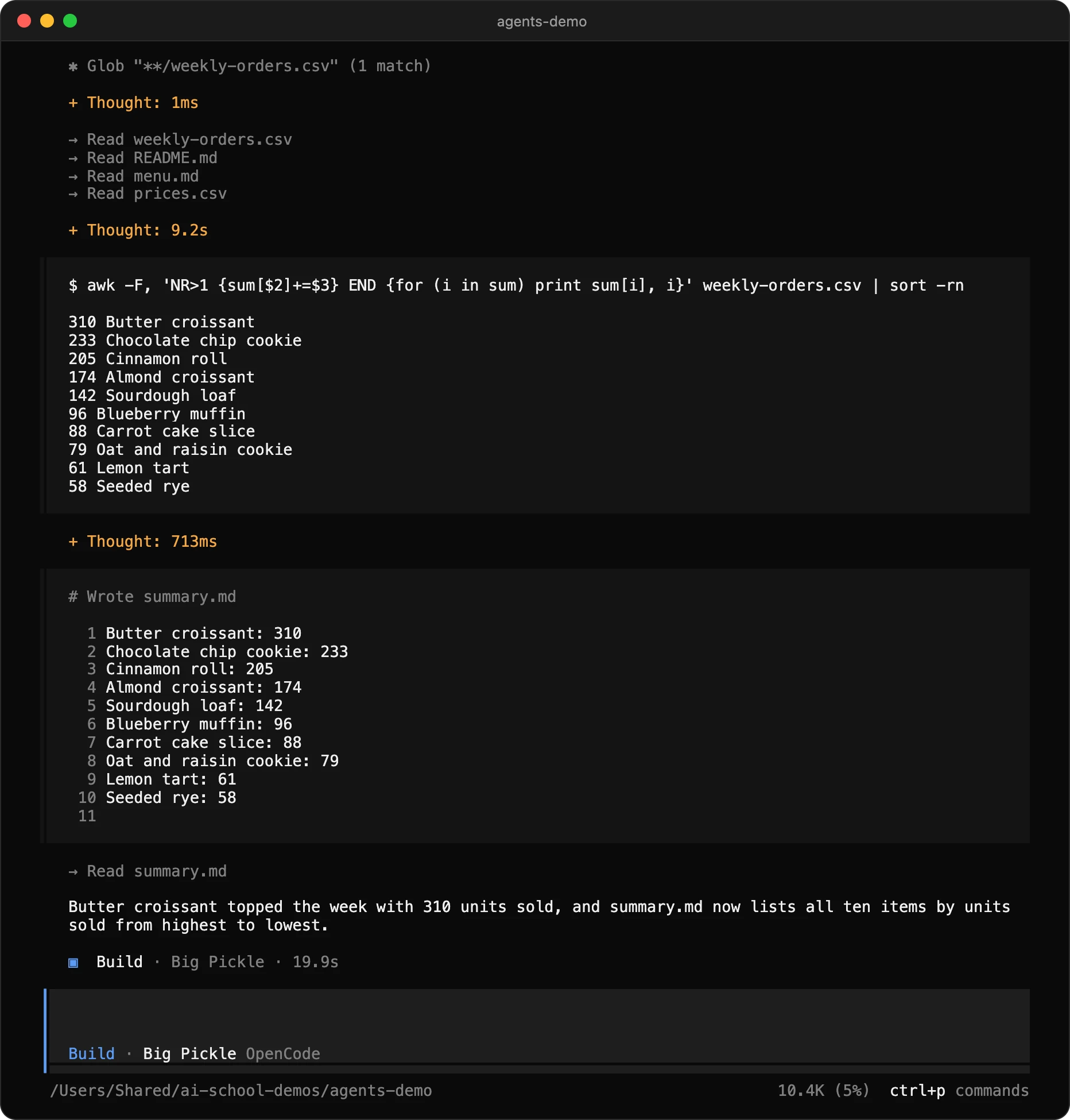 Open source AI coding agent OpenCode running a free model with no account, turning a CSV of weekly orders into a sorted summary