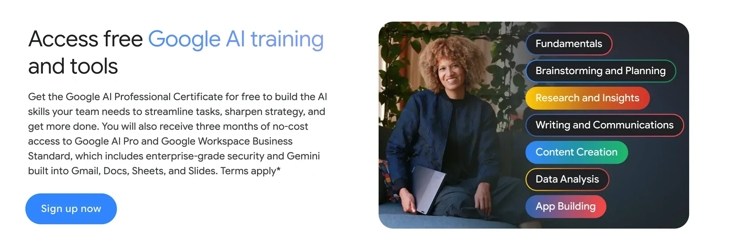 Formation IA entreprise : la page petites entreprises de Google qui offre gratuitement son AI Professional Certificate, avec la liste des sujets du cours