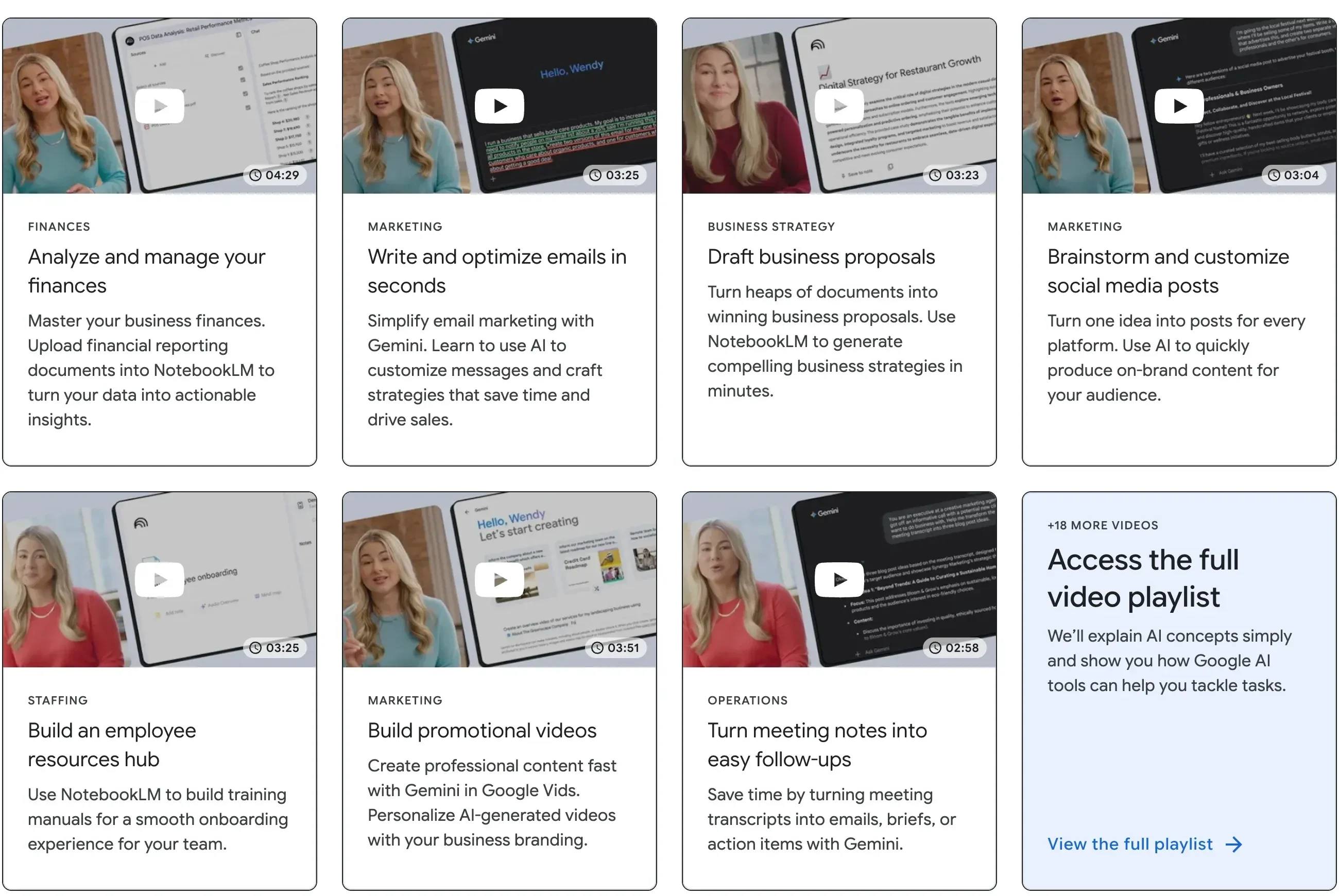 Formation IA gratuite pour les petites entreprises : les vidéos Make AI Work for You de Google sur les finances, l'e-mail marketing, les devis, les posts sociaux, les espaces d'équipe, les vidéos promo et le suivi des réunions