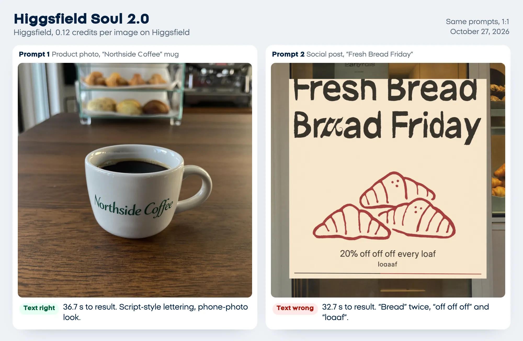 Soul 2.0 test results on October 27, 2026: a Northside Coffee cup in script lettering that looks like a phone photo, and a poster in a shop window where the word Bread appears twice with a garbled letter and the line reads 20% off off off every loaf above a stray loaaf, the post text wrong, in 36.7 and 32.7 seconds for 0.12 credits each