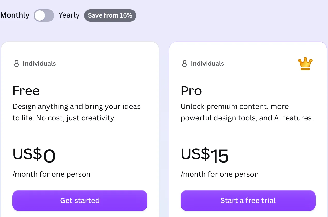 Canva pricing on October 27, 2026 with monthly billing selected: Free at US$0 a month and Pro at US$15 a month for one person, with a Start a free trial button