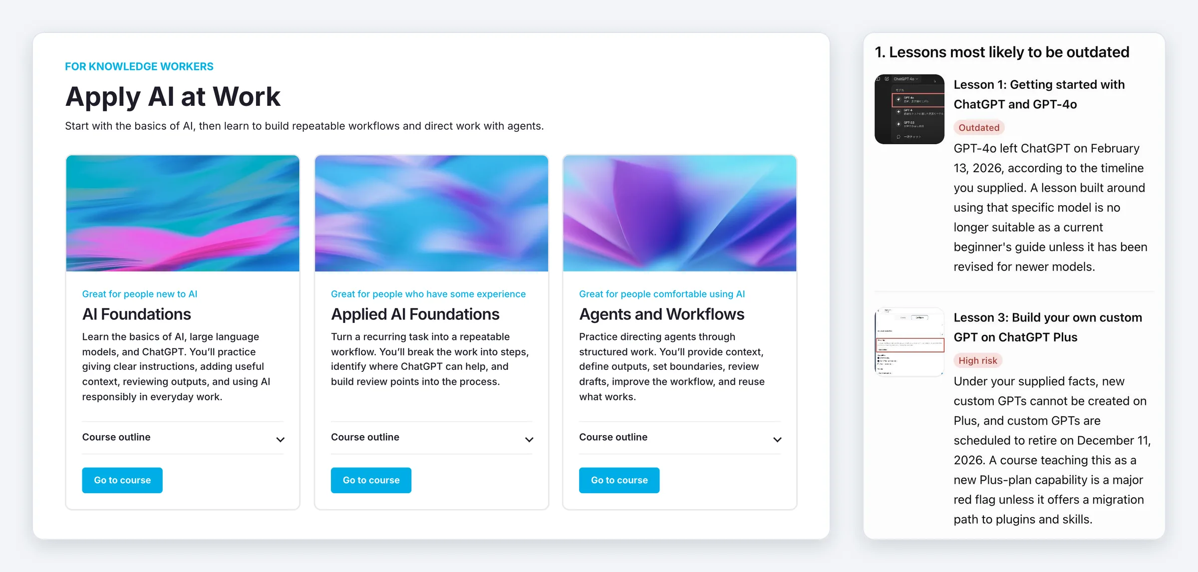 Curso ChatGPT para começar: os três cursos gratuitos Apply AI at Work da OpenAI Academy, ao lado de uma resposta real do ChatGPT apontando as aulas de GPT-4o e de GPT personalizado de um curso