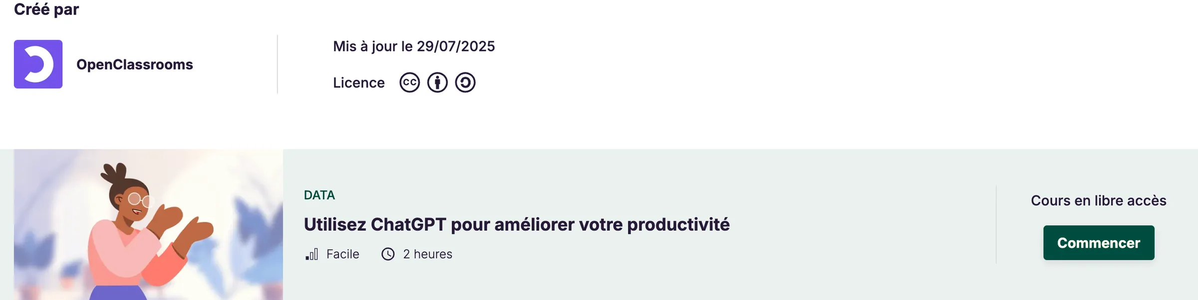 Formation ChatGPT gratuite sur OpenClassrooms, Utilisez ChatGPT pour améliorer votre productivité, Facile, 2 heures, mis à jour le 29/07/2025