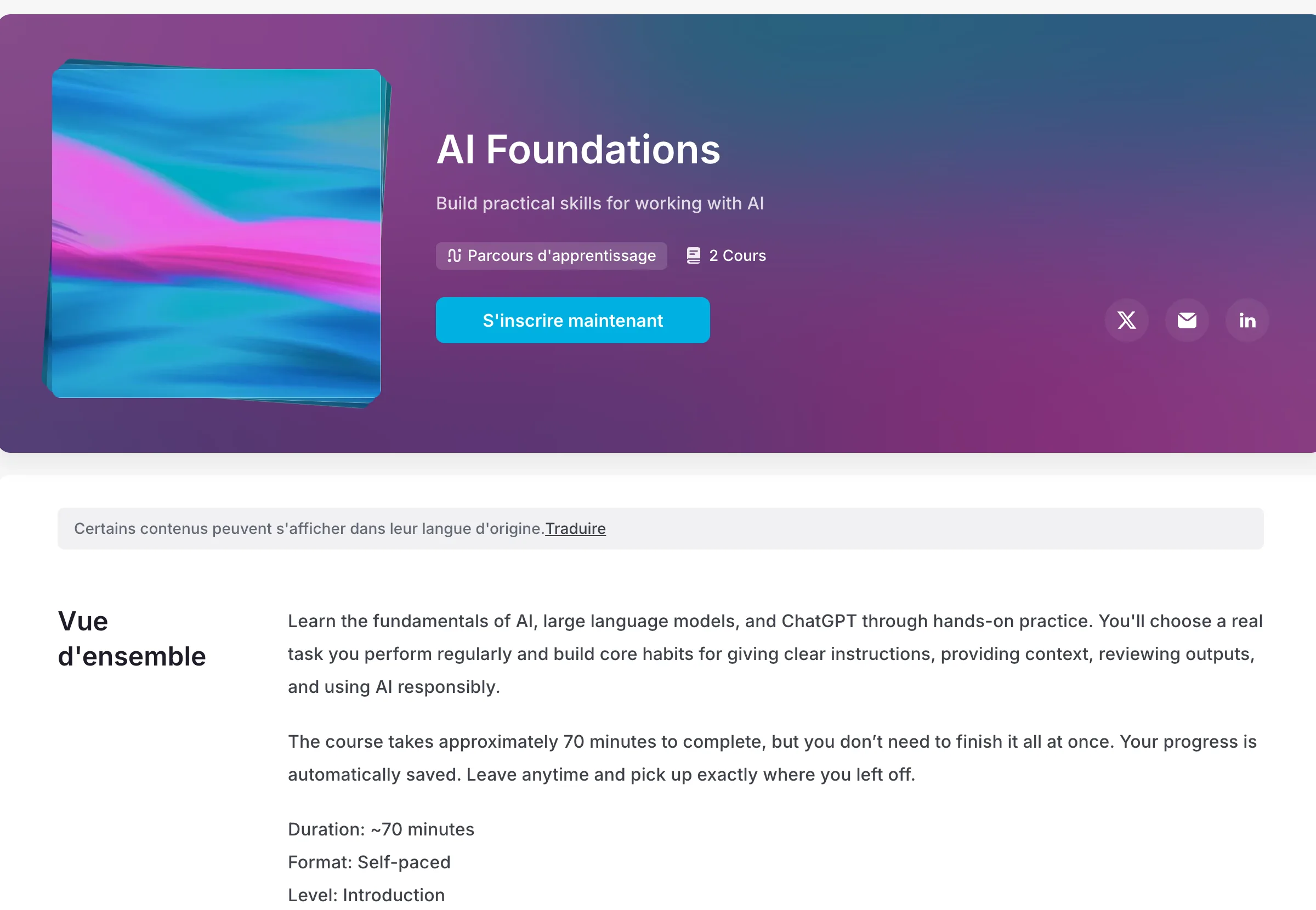 Formation ChatGPT gratuite d'OpenAI : OpenAI Academy en interface française, avec le bouton Traduire, et le cours AI Foundations resté en anglais (environ 70 minutes)