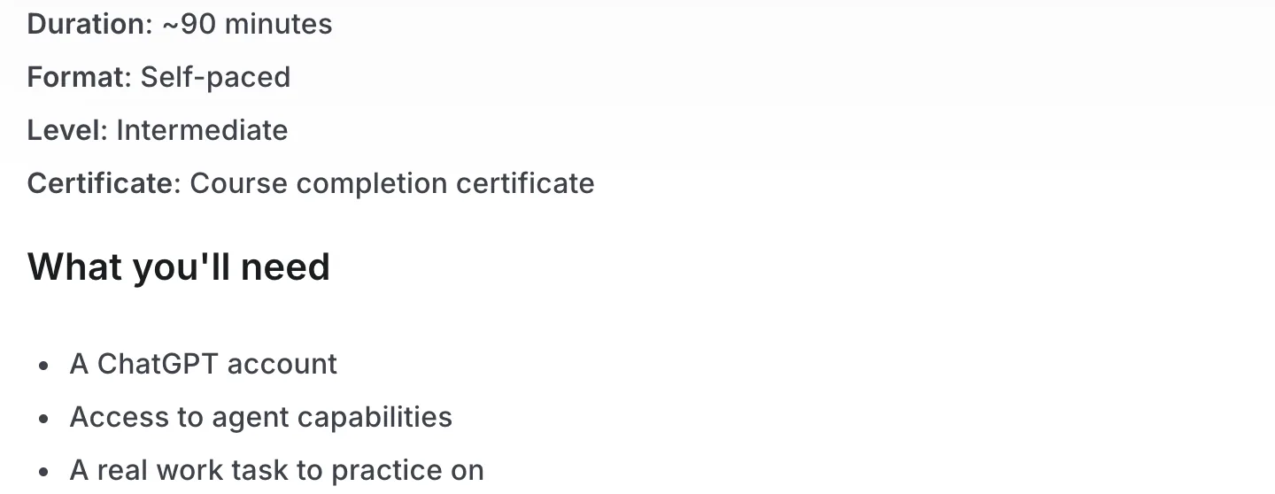 Detalhes do curso Agents and Workflows (Agentes e fluxos de trabalho) na OpenAI Academy, cerca de 90 minutos, nível intermediário, certificado de conclusão, pede uma conta do ChatGPT e acesso a recursos de agente