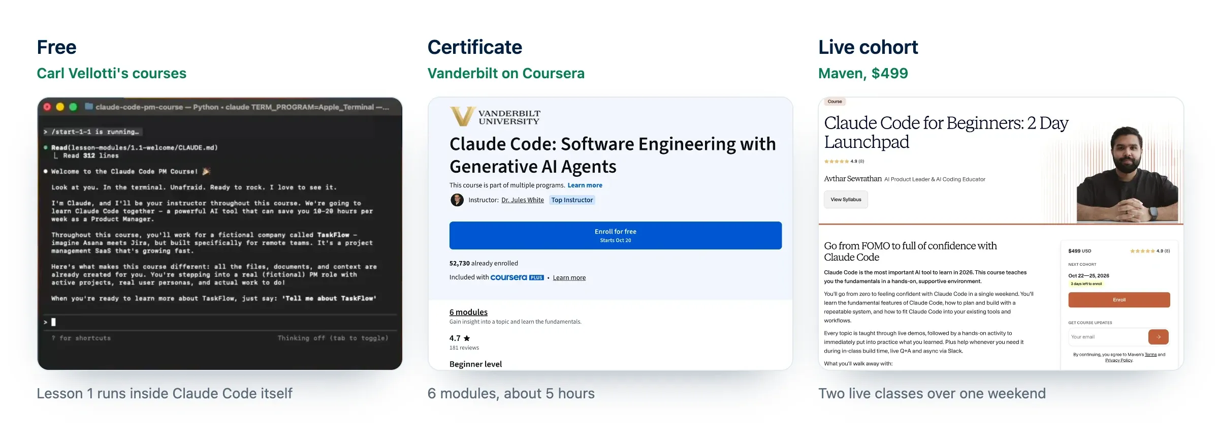 Best Claude Code courses in three formats: a free course taught inside Claude Code, Vanderbilt's certificate course on Coursera and a $499 live Maven cohort