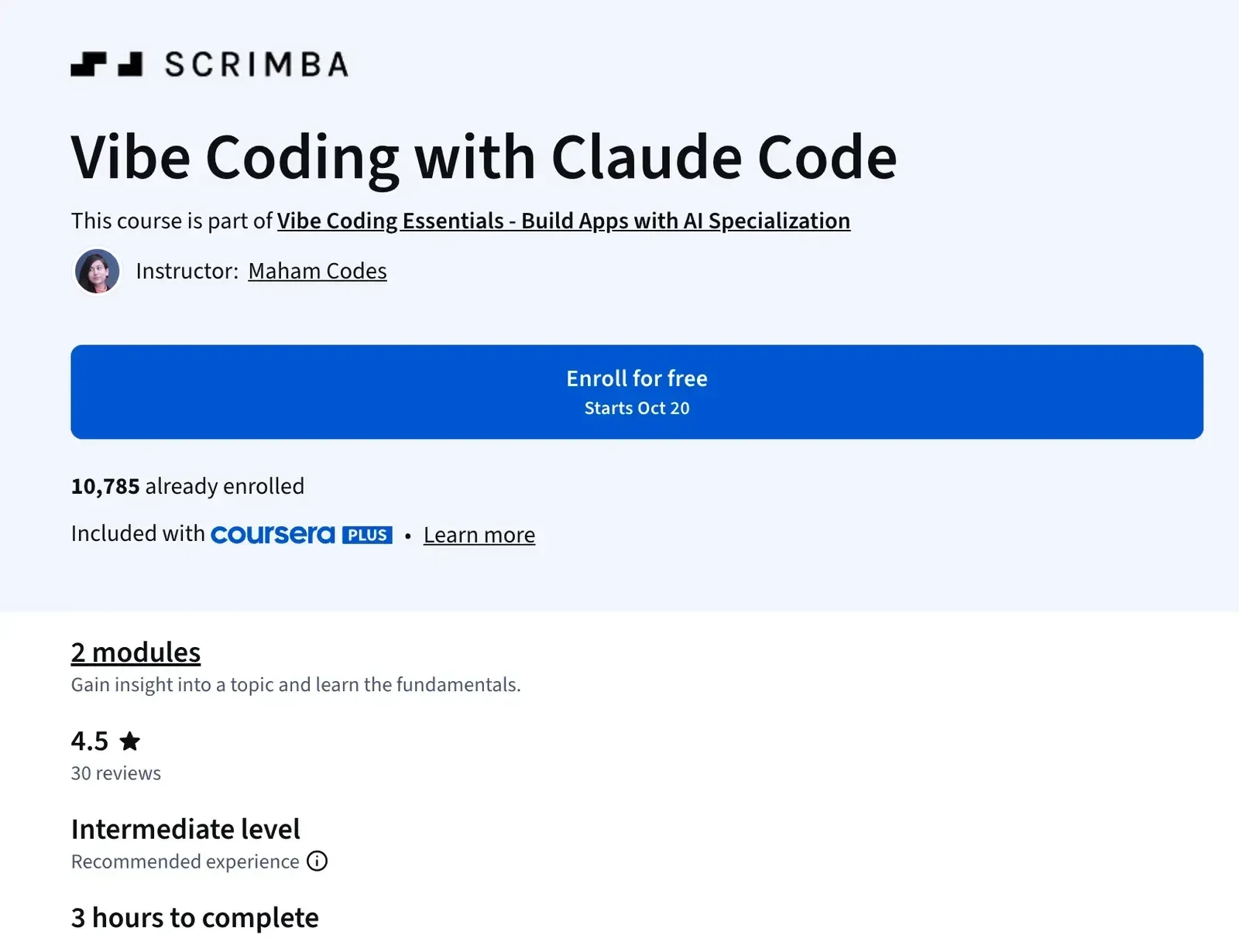 Formation Claude Code sur Coursera, Vibe Coding with Claude Code de Scrimba, avec 2 modules, une note de 4,5, un niveau intermédiaire et 3 heures