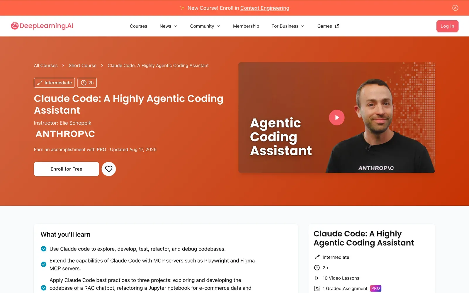Page de la formation Claude Code de DeepLearning.AI avec le bouton Enroll for Free, une durée de 2 heures, 10 leçons vidéo et un devoir noté marqué PRO