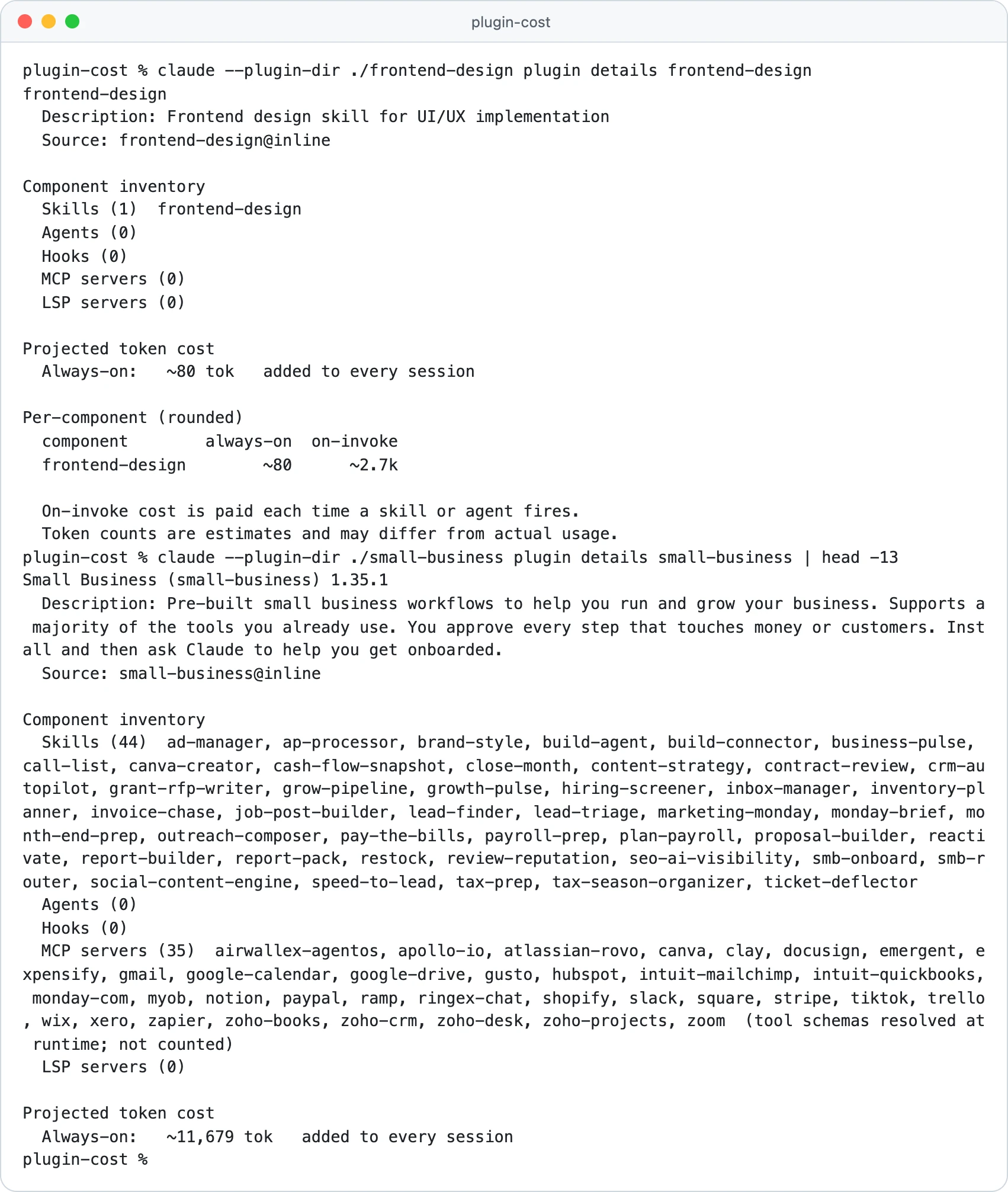Salida de claude plugin details para dos plugins de Claude Code, con Frontend Design sumando unos 80 tokens por sesión y Small Business unos 11,679